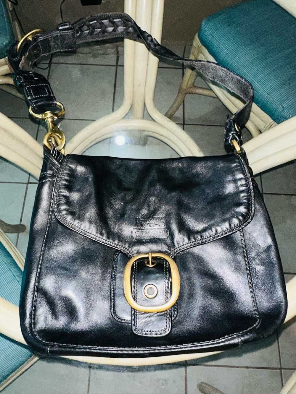 Coach Black Leather Shoulder Bag with Brass Buckle